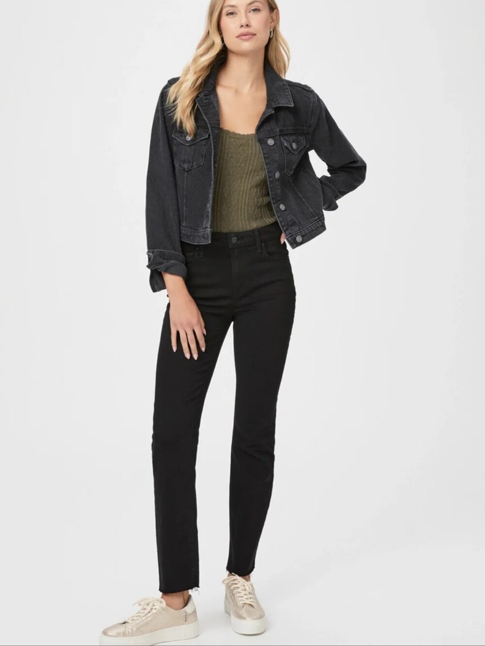 PAIGE Cindy Jean Black Shadow Raw Hem Straight Jeans Size 28